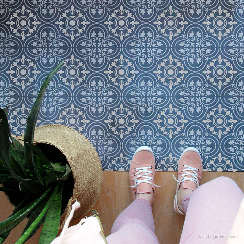Blue Tiles Floor Stencil for Painting - Bohemian Stencils - Large Tile Stencils Paint Floors - Royal Design Studio