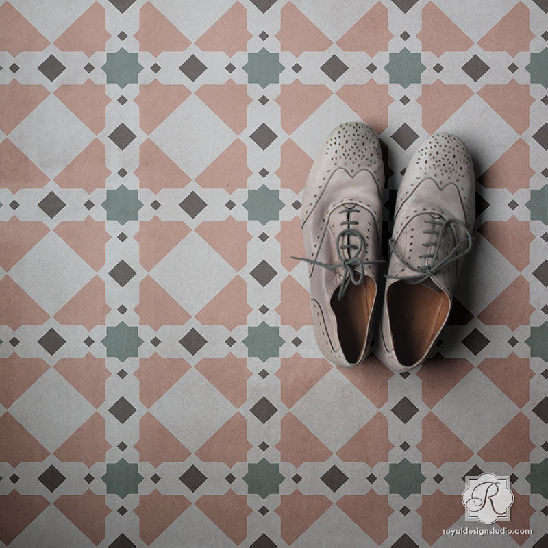 Geometric Tile Patterns Painted on Floor Tiles - Royal Design Studio Stencils