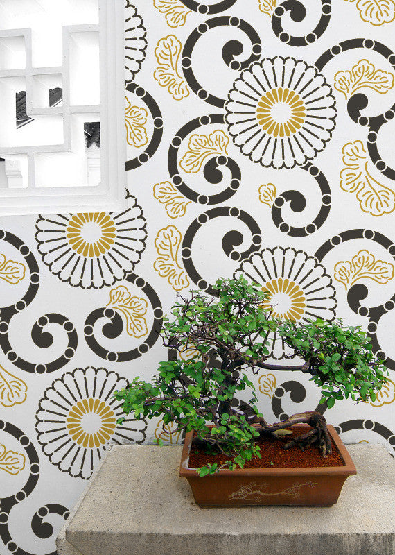 Oriental and Asian Design and Decor - Swirls and Flower Wall Stencils - Royal Design Studio