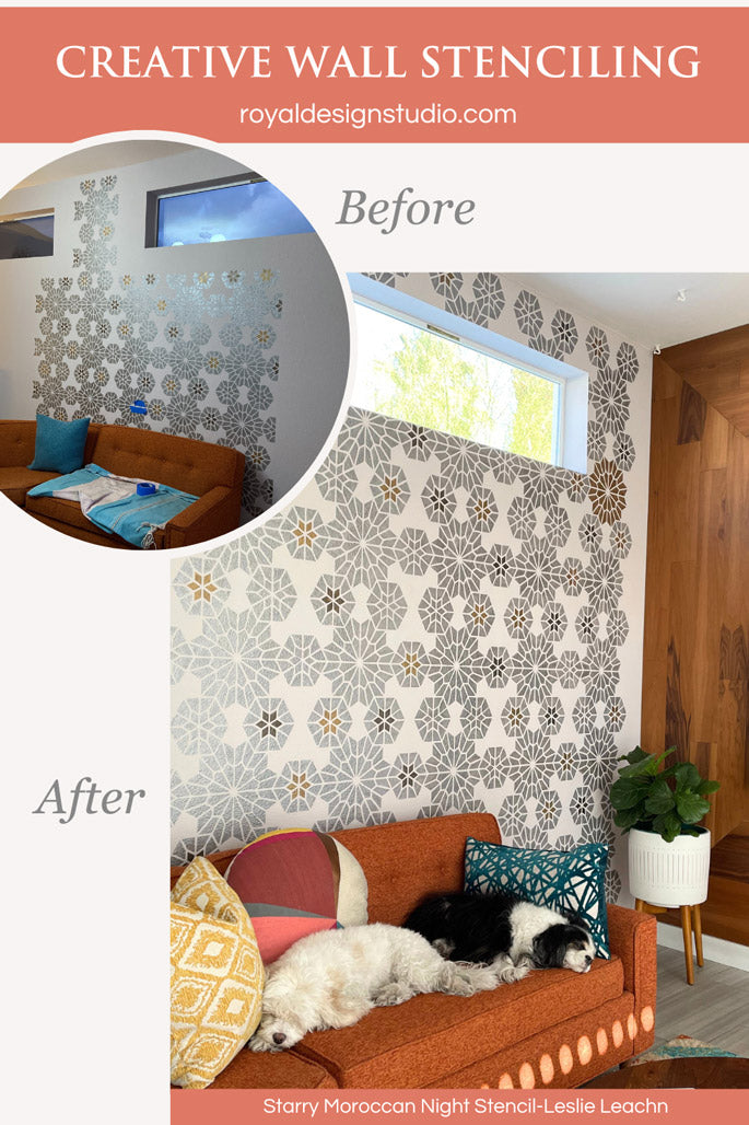 Moroccan wall stencil mural in metallic paint